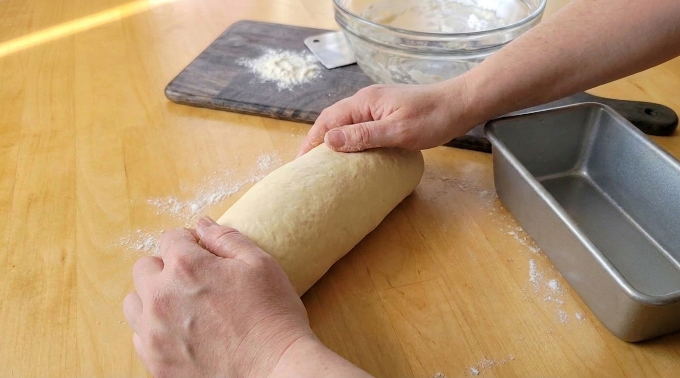 Bread dough being rolled into a tight log shape on a countertop next to a loaf pan