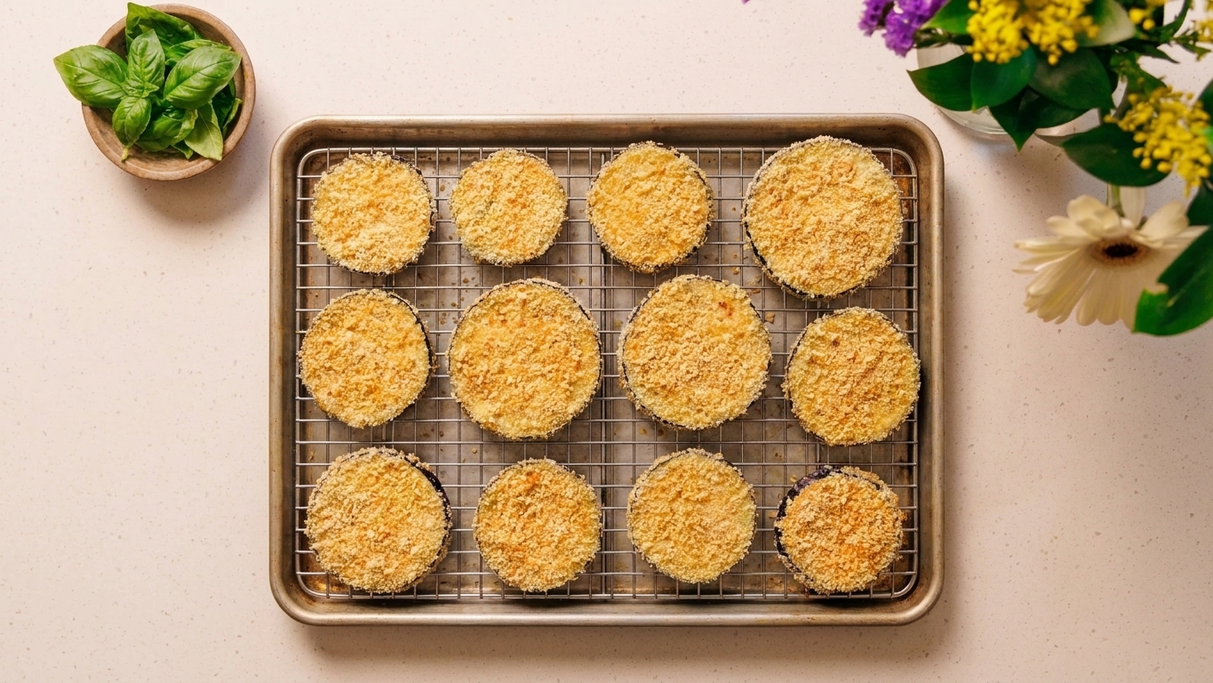 Breaded eggplant slices arranged in a single layer on a wire rack set over a sheet pan, ready to bake