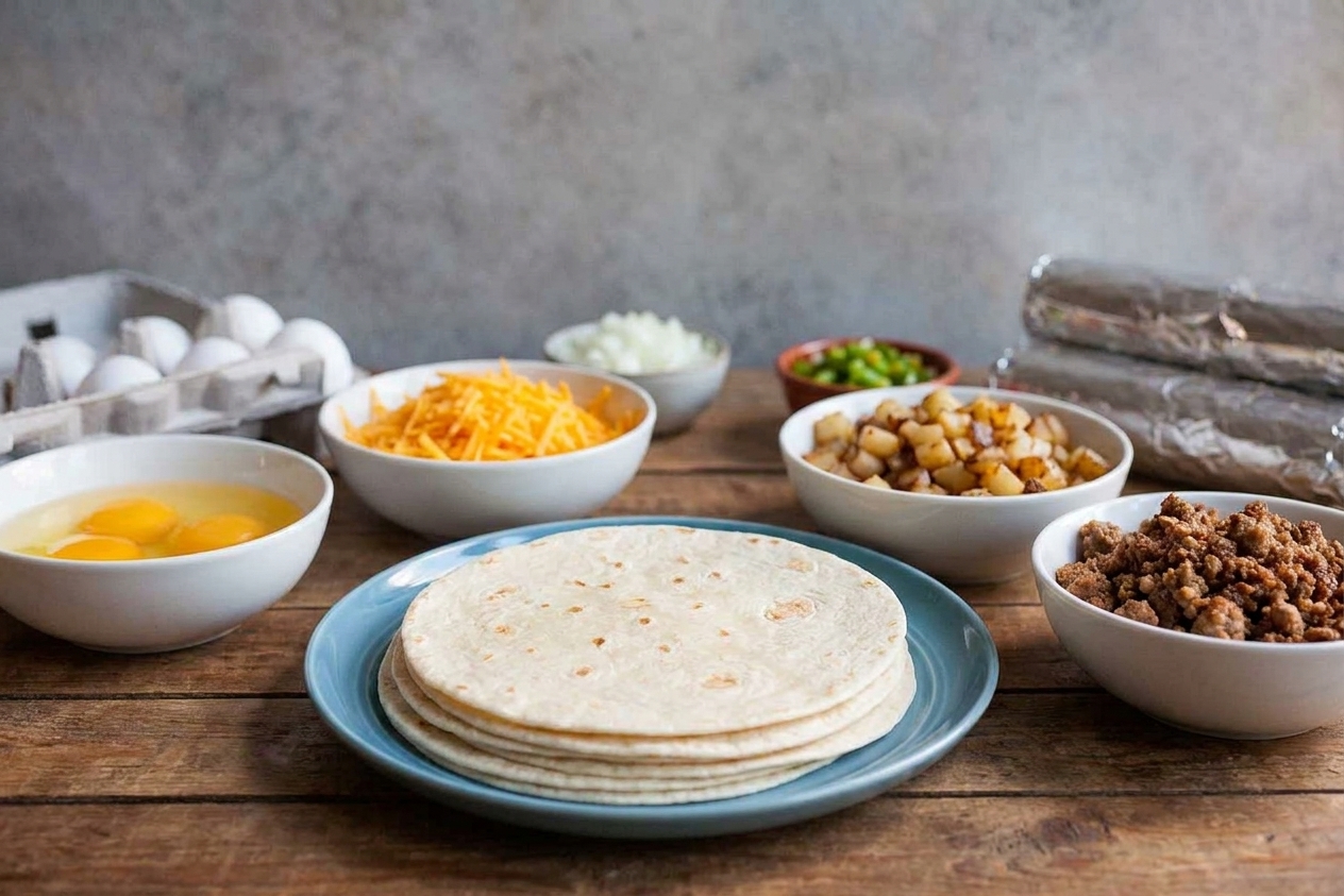 Breakfast burrito ingredients arranged on a kitchen counter including tortillas, eggs, shredded cheese, cooked potatoes, and cooked sausage