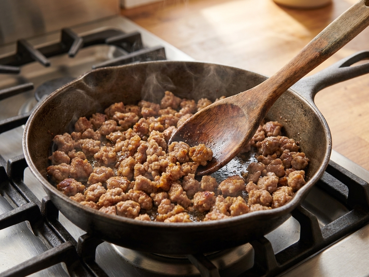 Breakfast sausage crumbles browning in a skillet on a stovetop with a wooden spoon stirring