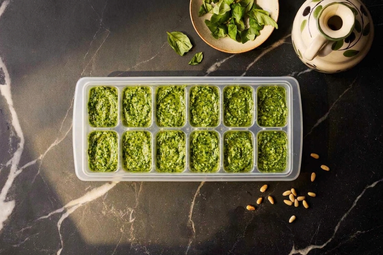 Bright green pesto portioned into an ice cube tray on a kitchen counter, ready for freezing