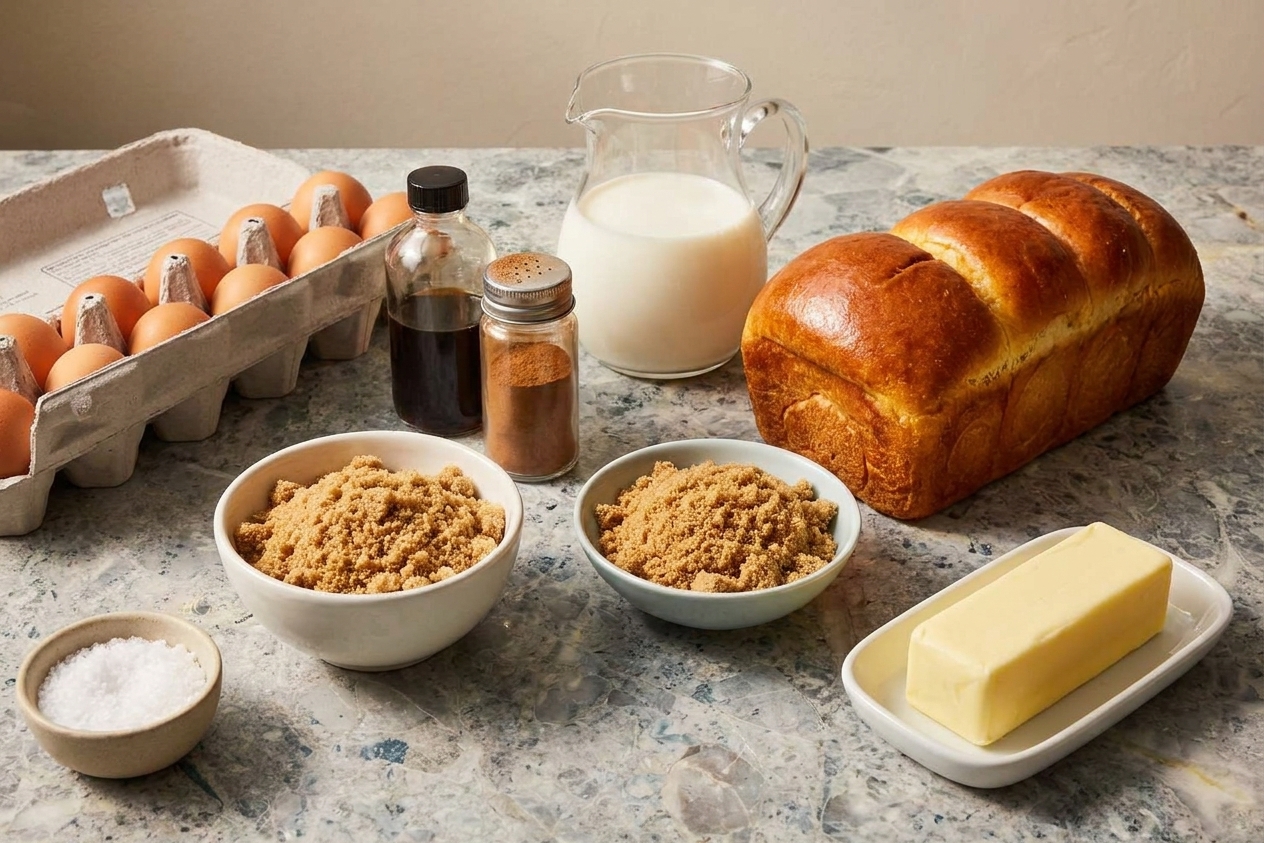 Brioche loaf, eggs, milk, vanilla extract, cinnamon, brown sugar, butter, and salt arranged on a kitchen counter
