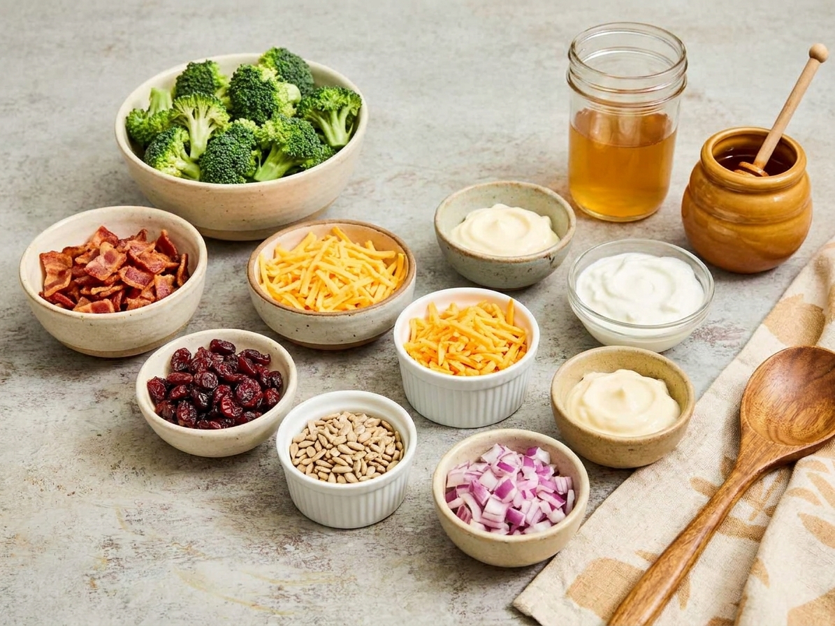 Broccoli florets, cooked bacon, shredded cheddar, dried cranberries, sunflower seeds, red onion, mayonnaise, Greek yogurt, apple cider vinegar, and honey arranged on a kitchen counter