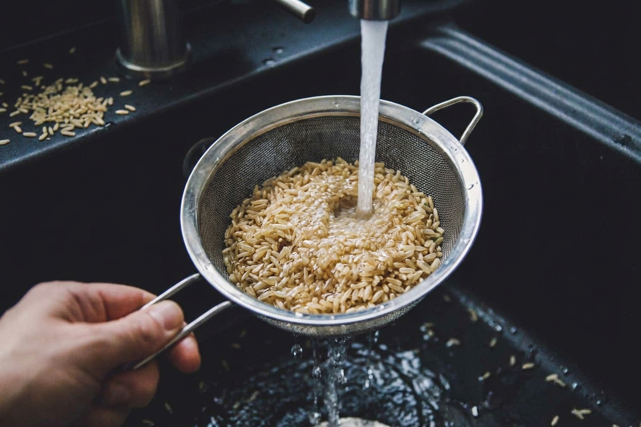 Brown rice being rinsed under running water in a fine-mesh strainer over a sink