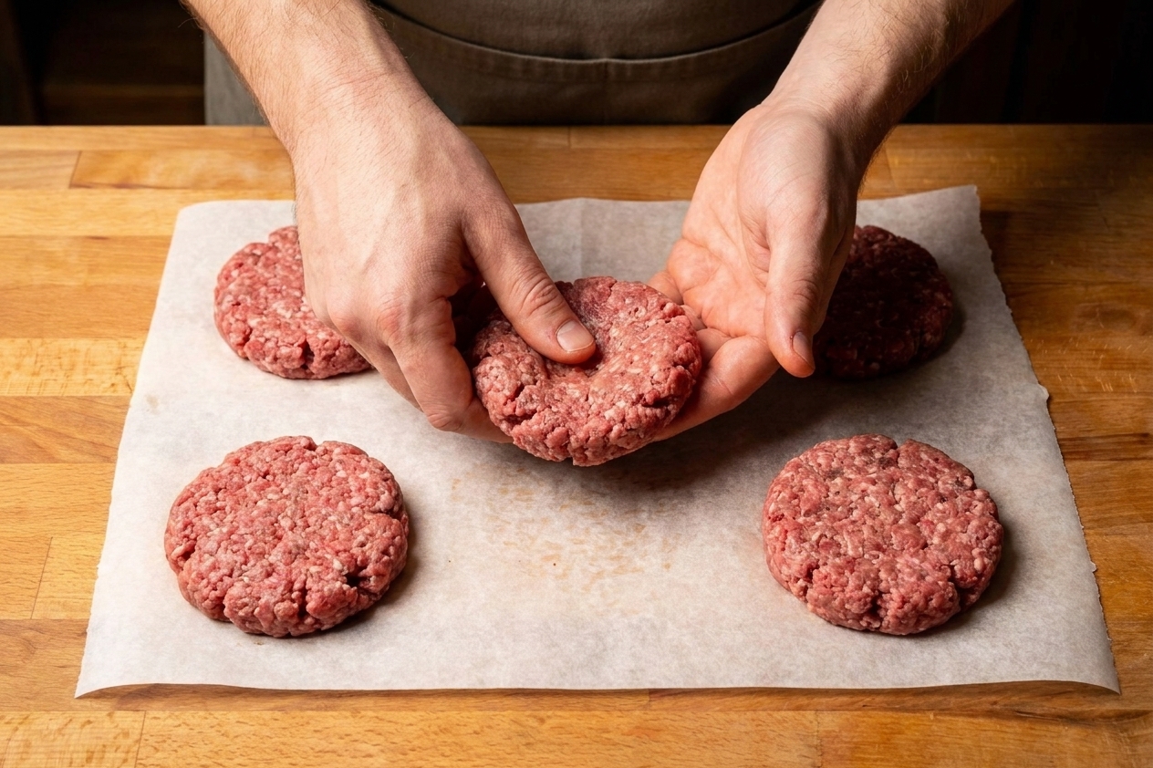 Burger patties being shaped on parchment paper, with a thumb making a small dimple in the center
