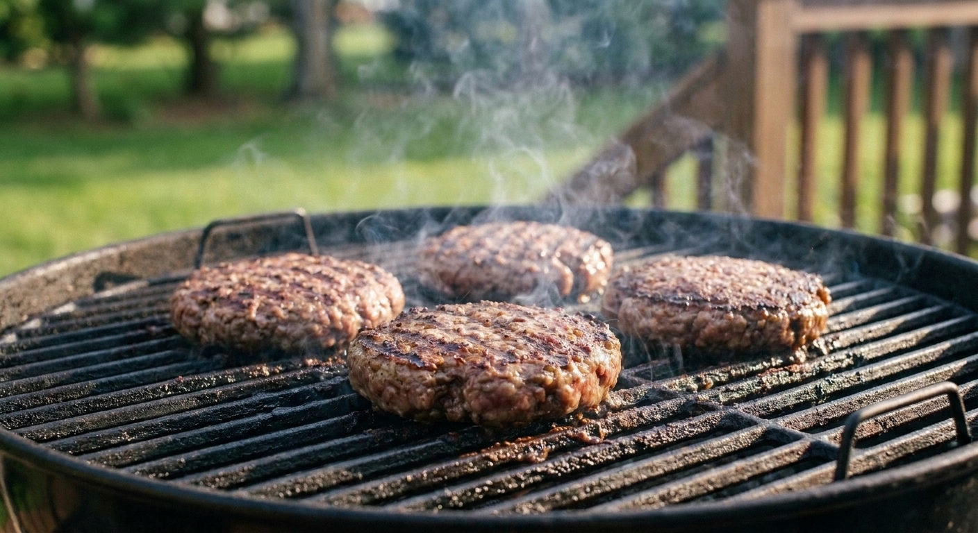 Burger patties cooking on a backyard grill with grill grates and light smoke rising