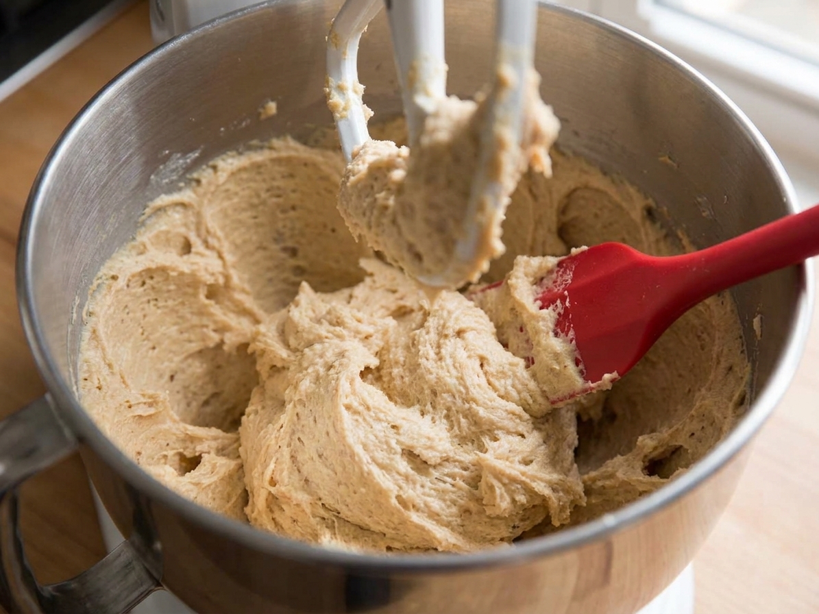 Butter and brown sugar being creamed together in a stand mixer bowl, pale and fluffy with a silicone spatula nearby