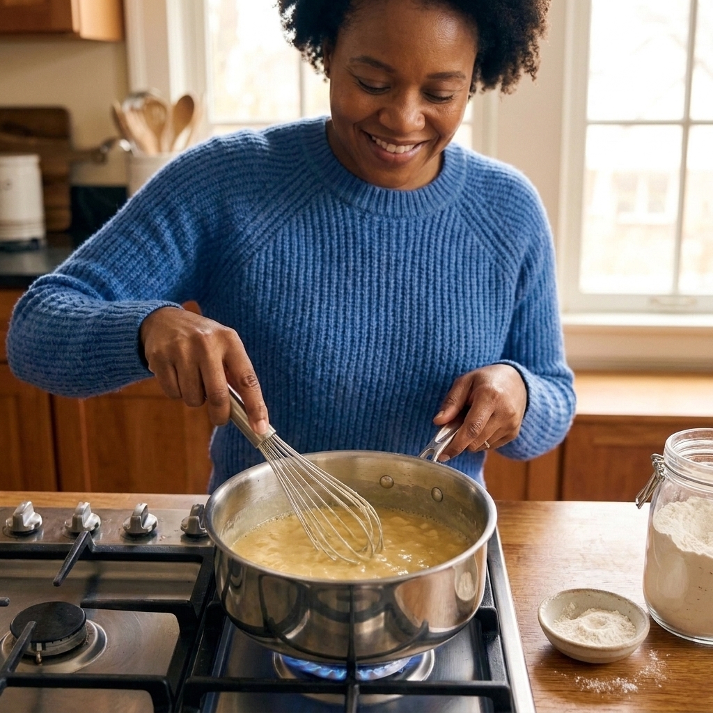 Butter and flour being whisked together in a saucepan to form a smooth pale roux