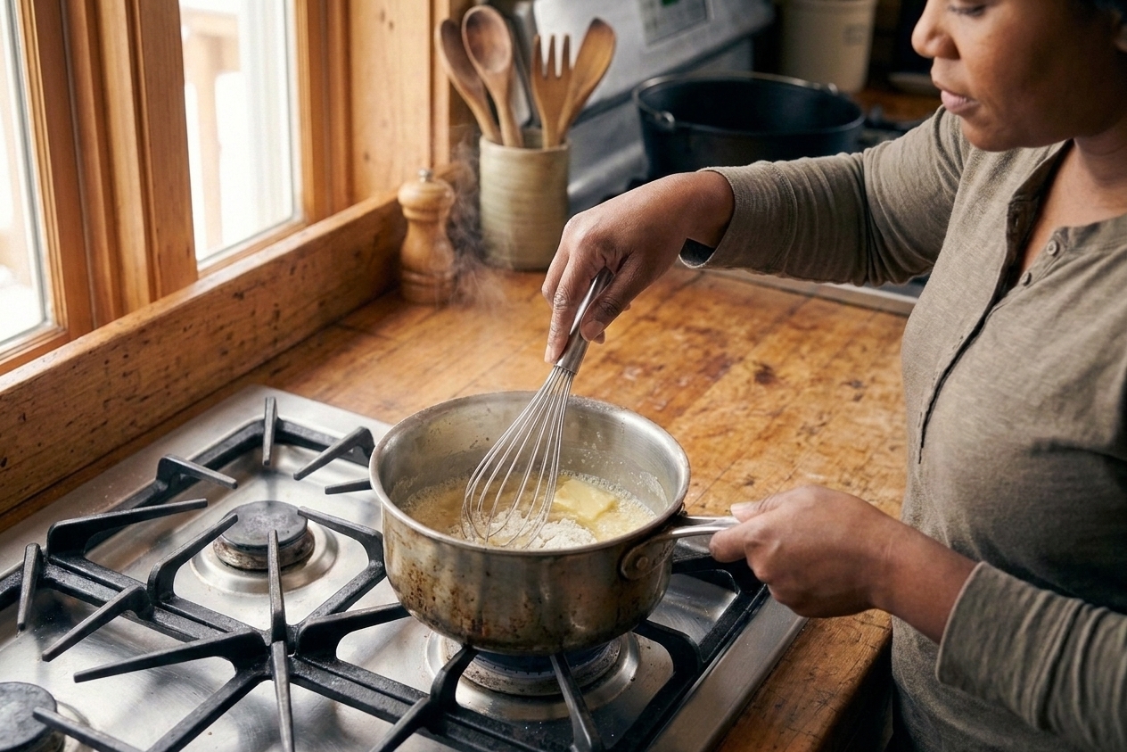 Butter and flour being whisked together in a small saucepan on the stove to form a roux