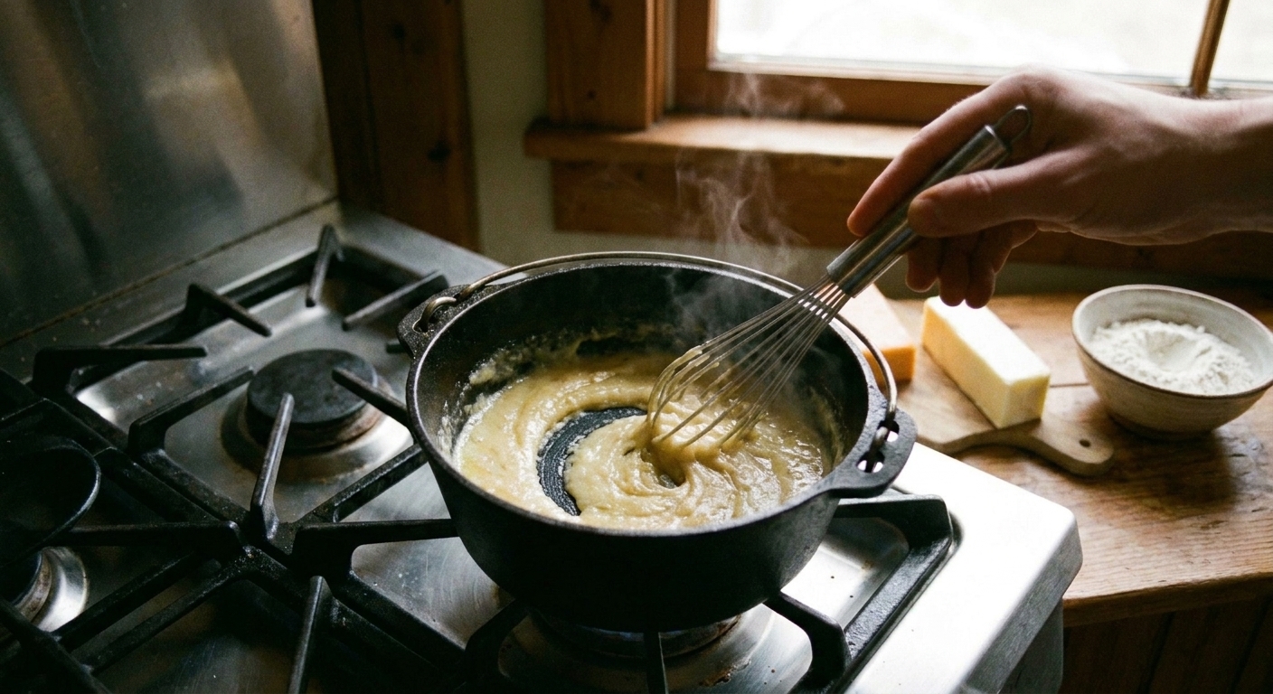 Butter and flour being whisked together in a small pot to form a pale roux