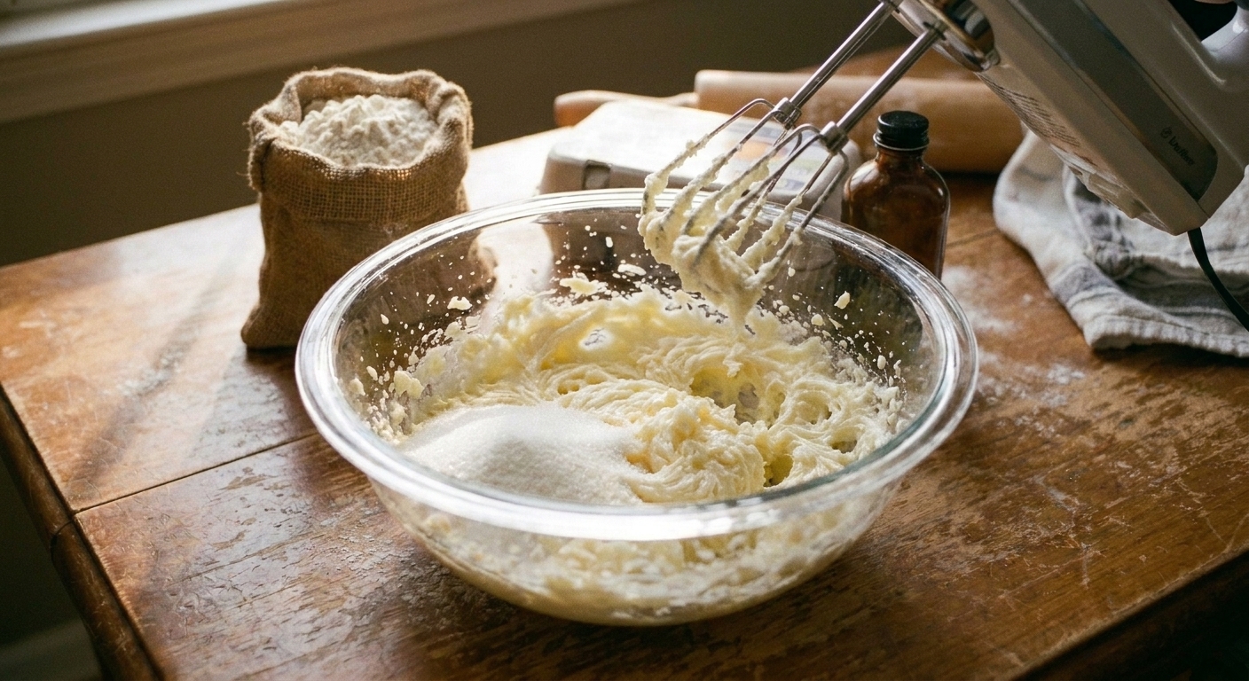 Butter and granulated sugar being creamed together in a mixing bowl with a hand mixer until pale and fluffy