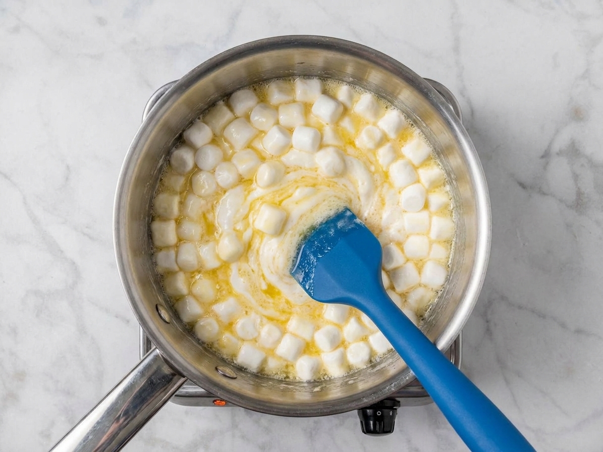 Butter and marshmallows melting together in a saucepan on the stove with a silicone spatula stirring