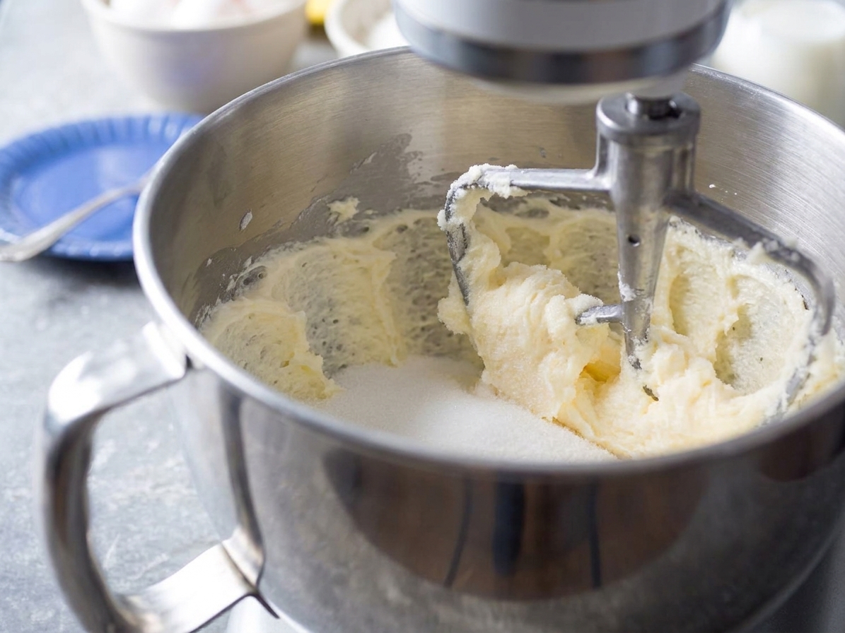 Butter and sugar being creamed together in a stand mixer bowl until pale and fluffy