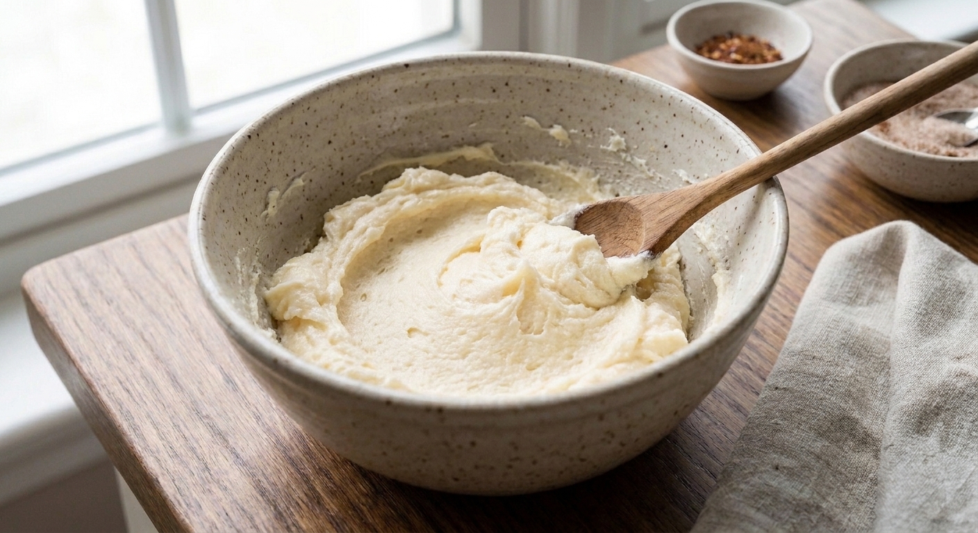 Butter and sugar creamed in a mixing bowl until pale and fluffy