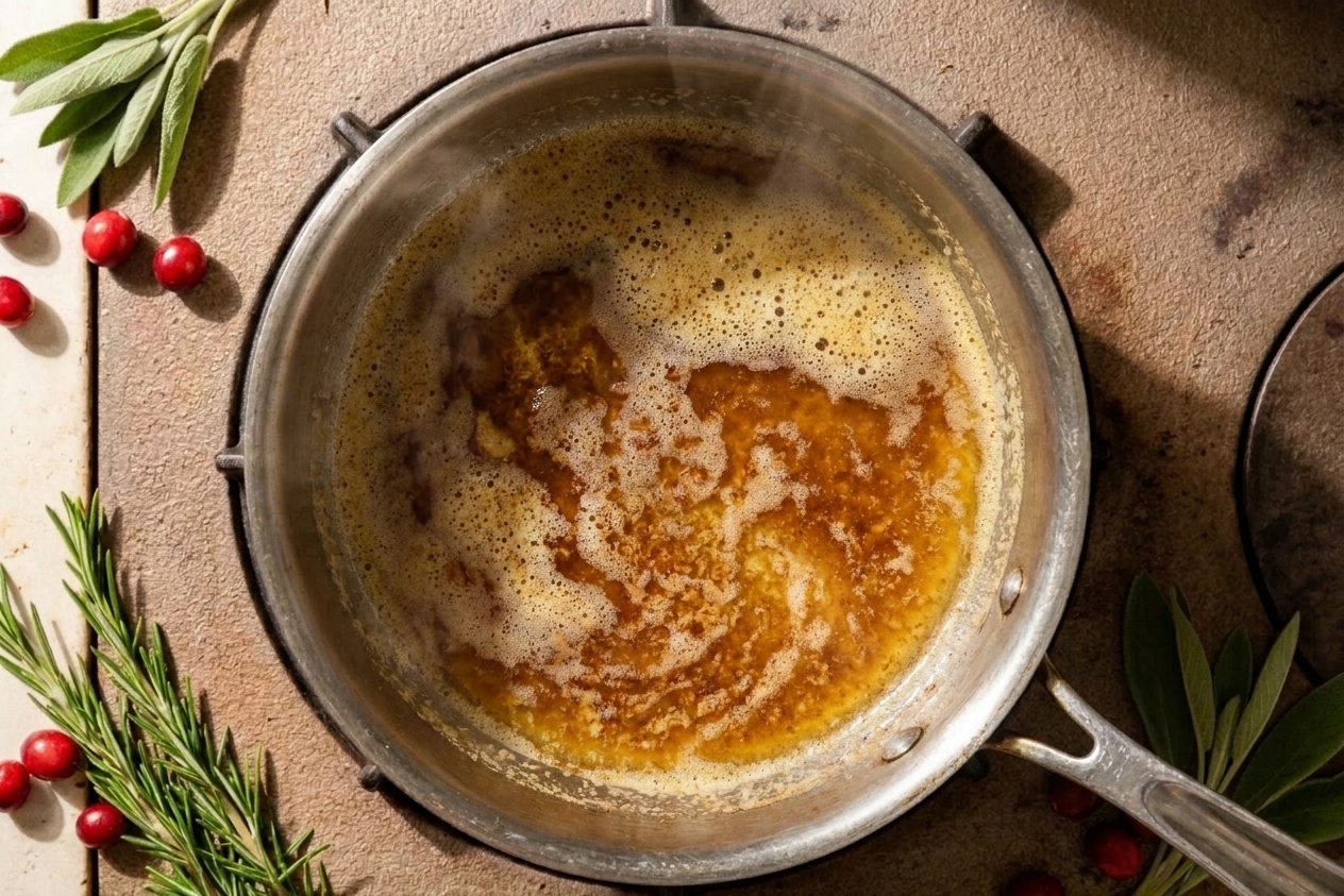 Butter browning in a small stainless saucepan with golden foam and toasted brown specks