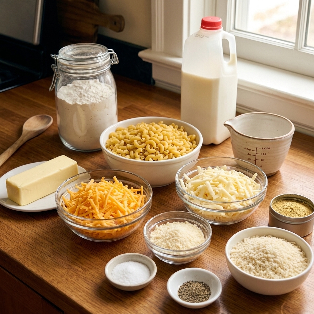 Butter, flour, milk, dried pasta, shredded cheddar, shredded Monterey Jack, grated Parmesan, mustard powder, salt, pepper, and panko breadcrumbs arranged on a counter