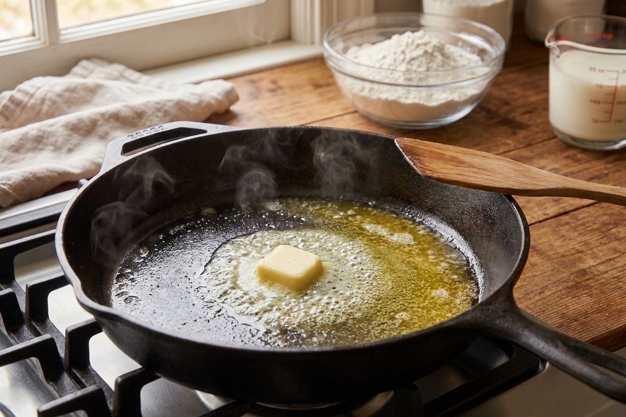 Butter melting in a warm skillet creating a glossy, even coating across the cooking surface