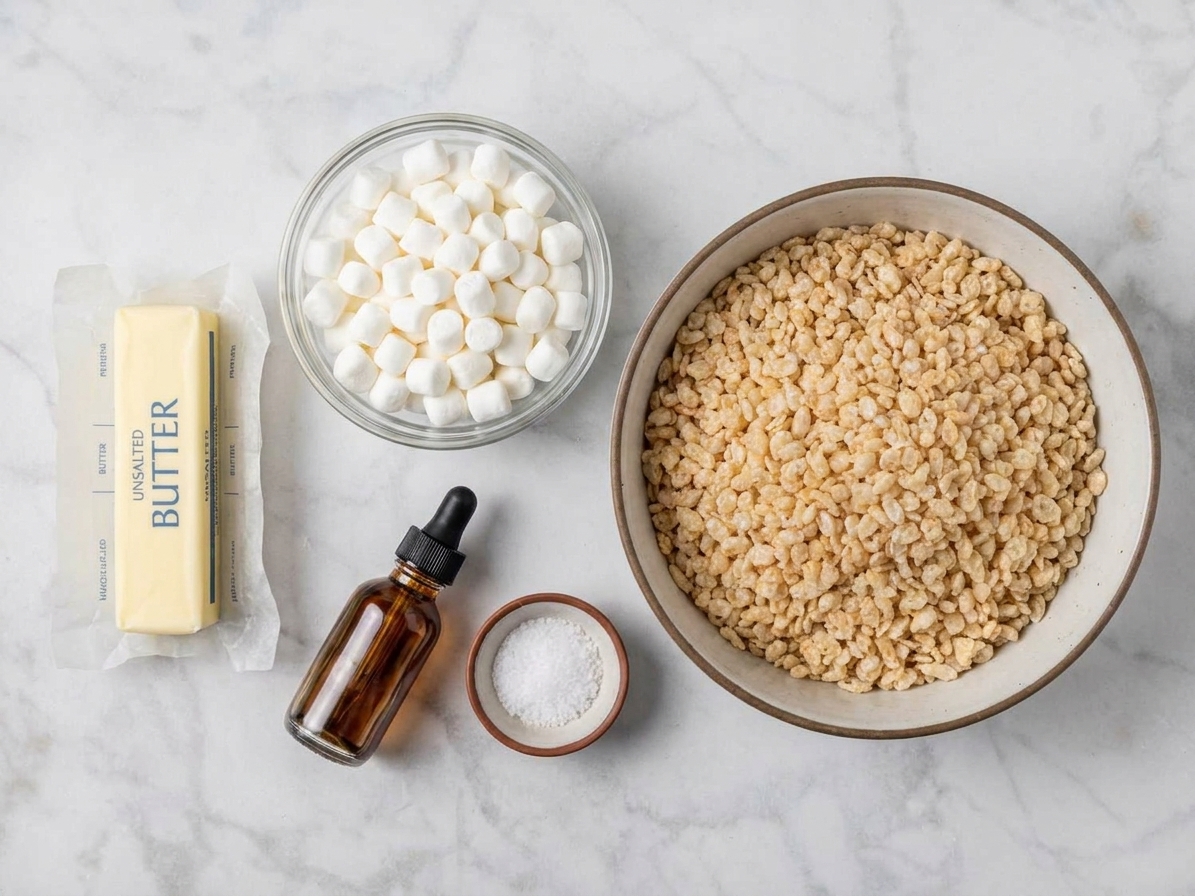 Butter, mini marshmallows, vanilla extract, and kosher salt arranged next to crispy rice cereal