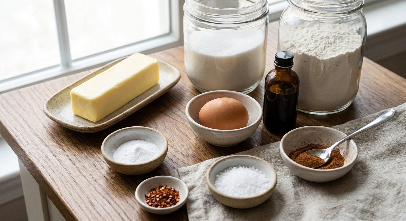 Butter, sugar, flour, egg, vanilla, baking soda, salt, cinnamon, and cayenne arranged on a counter