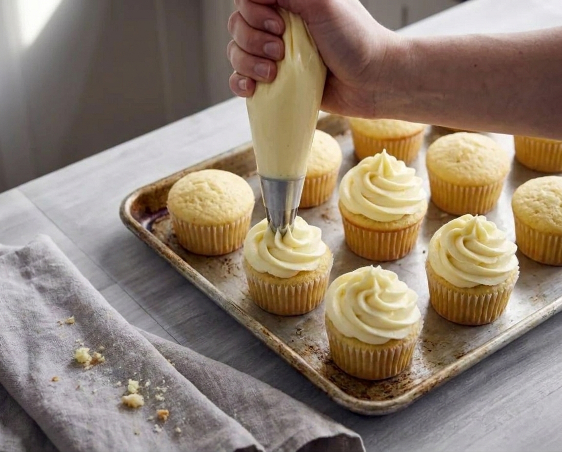 Buttercream being piped into a tall swirl onto vanilla cupcakes arranged on a sheet pan in a home kitchen
