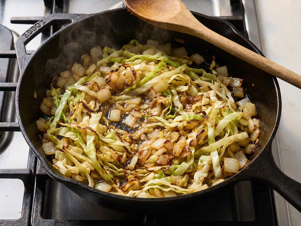 Cabbage and onions sizzling in a cast iron skillet with browned edges forming, a wooden spoon resting on the rim