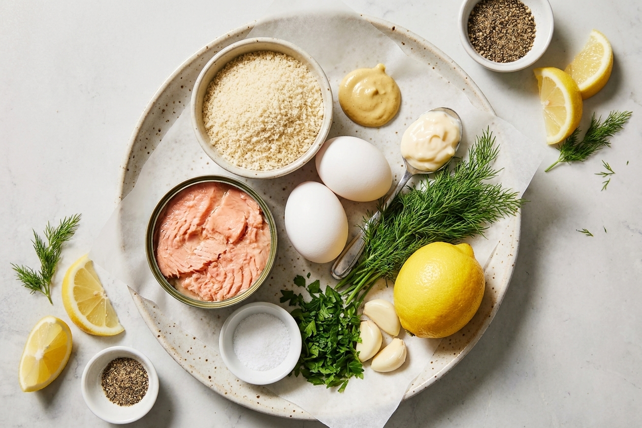 Canned salmon, breadcrumbs, eggs, Dijon mustard, mayonnaise, lemon, parsley, garlic, and seasonings arranged on a bright kitchen counter