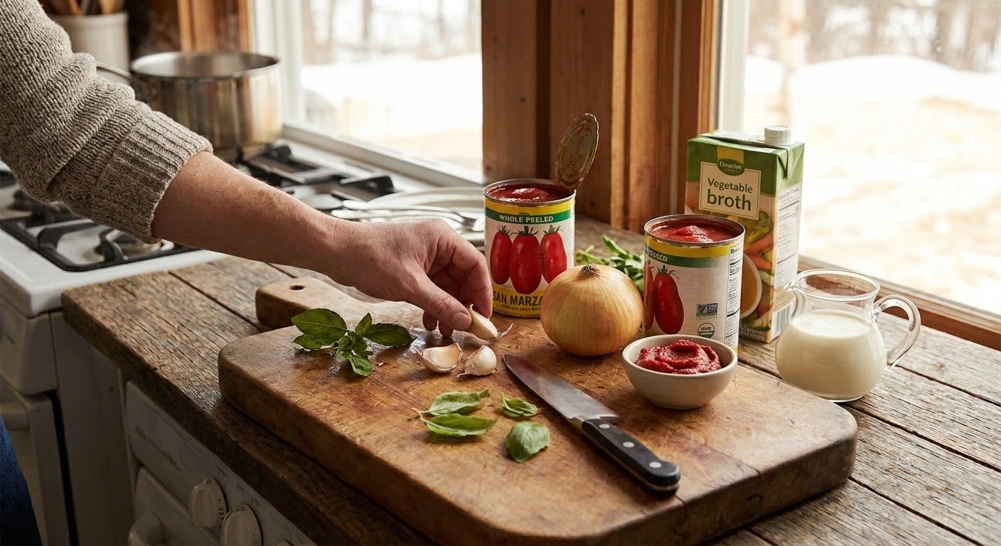 Canned tomatoes, an onion, garlic cloves, tomato paste, broth, and cream arranged on a kitchen counter ready for tomato soup