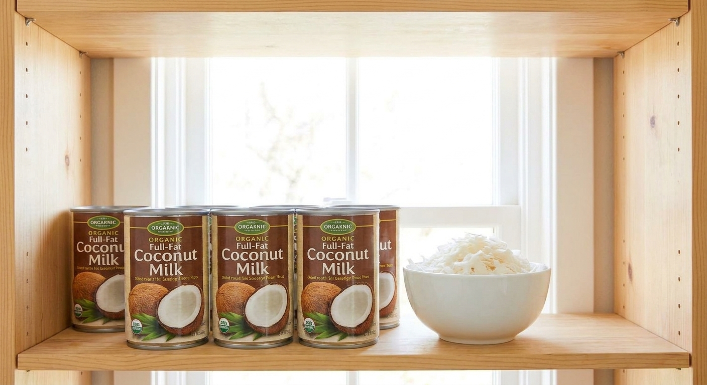 Cans of full-fat coconut milk and a small bowl of coconut flakes on a wooden shelf