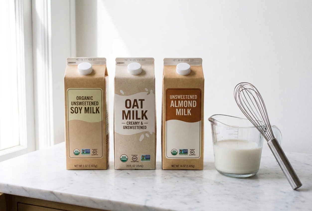 Cartons of unsweetened soy milk, oat milk, and almond milk lined up beside a measuring cup and whisk