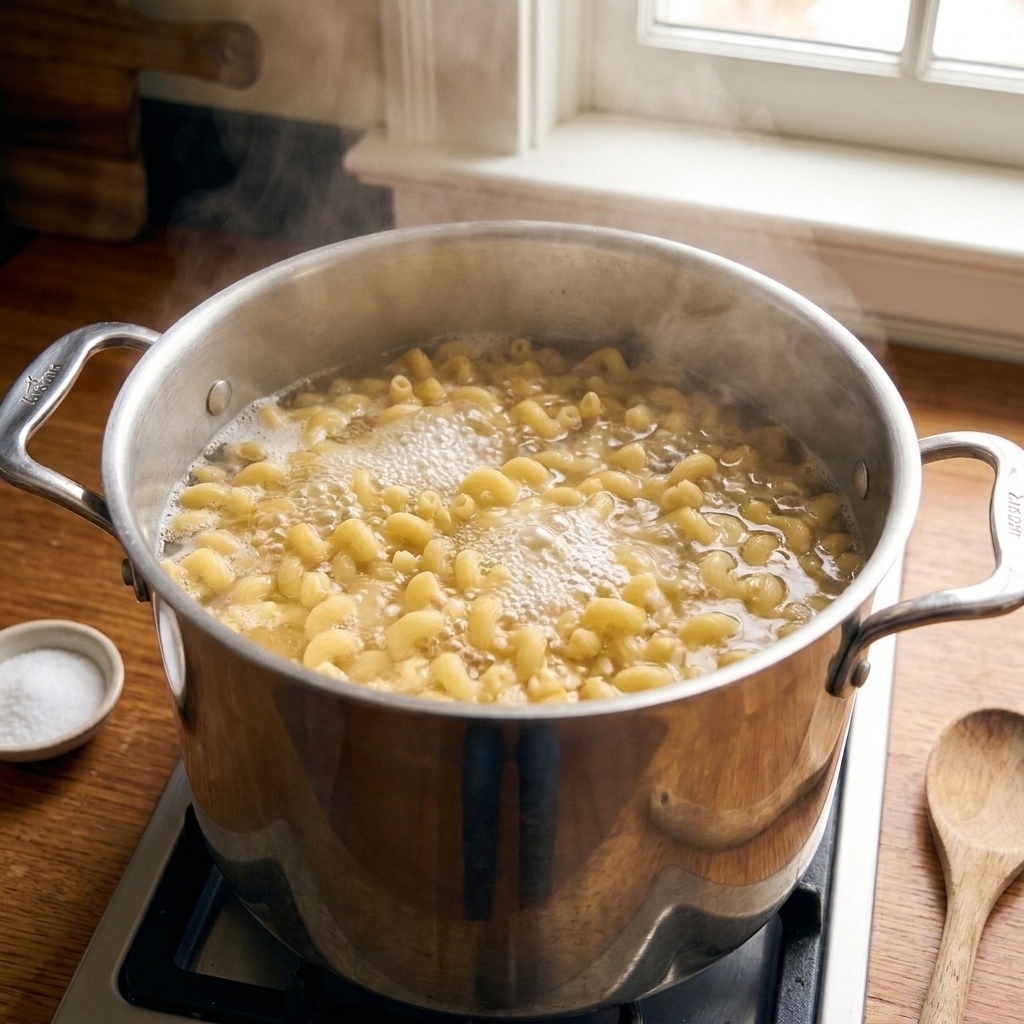 Cavatappi pasta boiling in a large pot of salted water