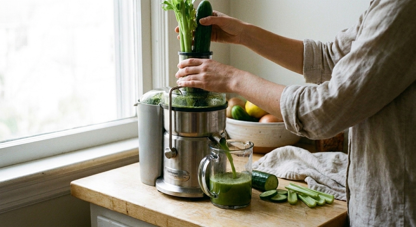 Celery and cucumber being fed into a countertop juicer on a bright kitchen counter