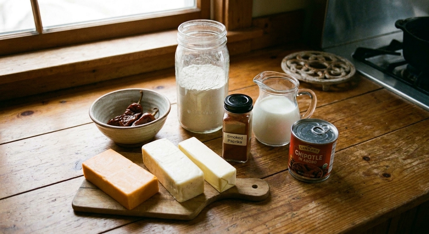 Cheddar cheese, Monterey Jack, butter, flour, milk, smoked paprika, and chipotle in adobo arranged on a kitchen counter
