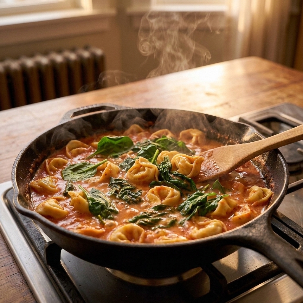 Cheese tortellini tossed in a creamy tomato sauce with fresh spinach wilting in the pan