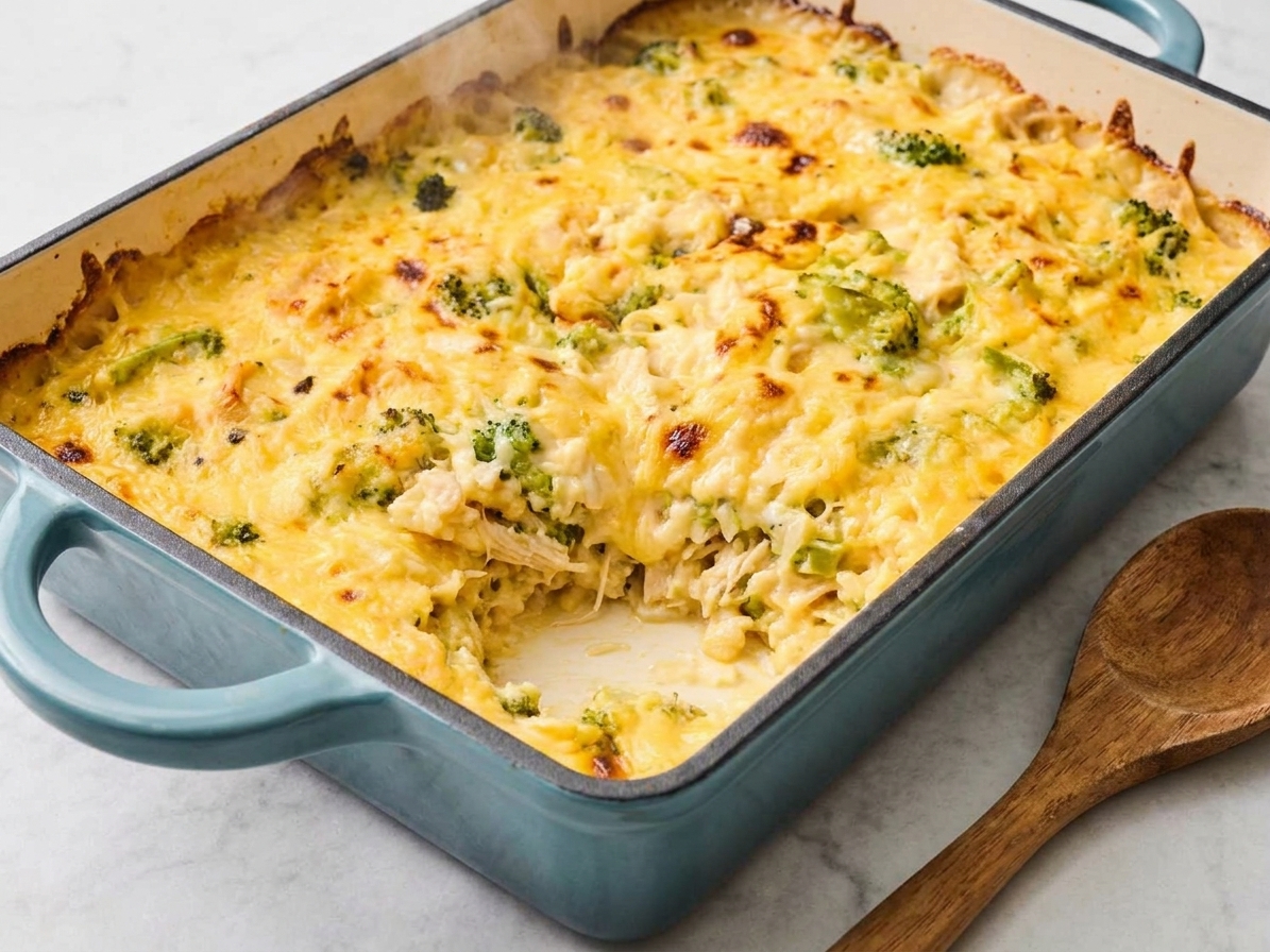 Cheesy chicken and rice casserole bubbling in a baking dish with browned cheese on top, just out of the oven