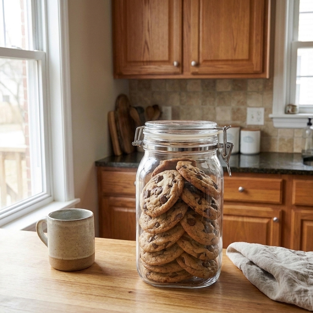 Chewy chocolate chip cookies stacked in a clear airtight container on a kitchen counter