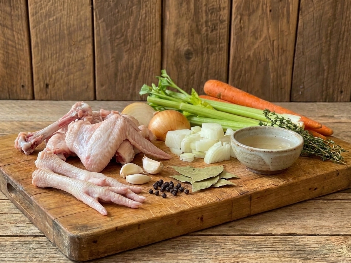 Chicken bones, onion, carrots, celery, garlic, bay leaves, peppercorns, and a small bowl of vinegar laid out on a kitchen counter