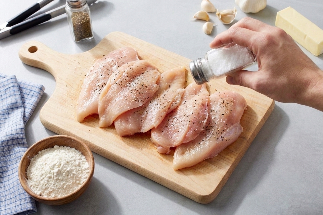Chicken breast cutlets on a cutting board being seasoned with salt and black pepper next to a small bowl of flour