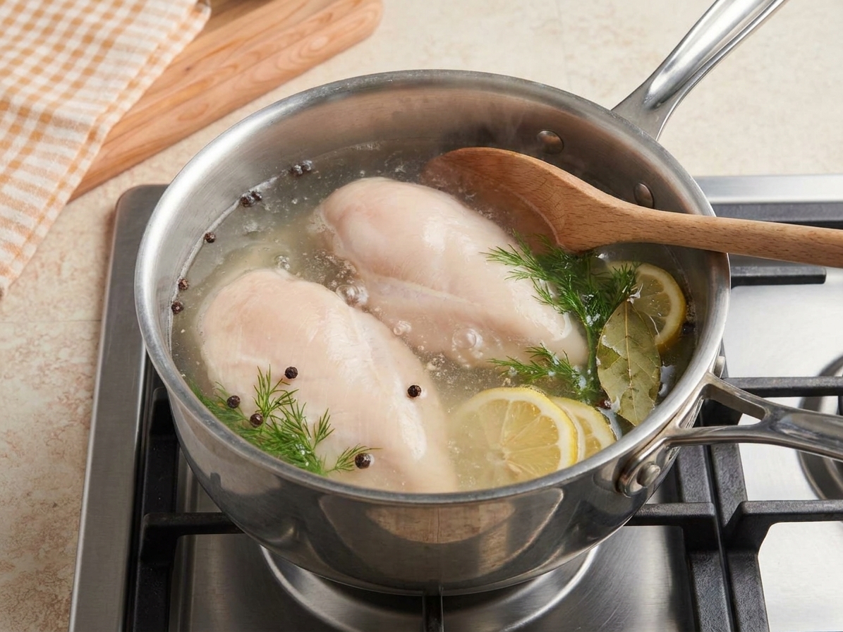 Chicken breasts gently simmering in a saucepan on a stove with a few peppercorns and herbs in the liquid