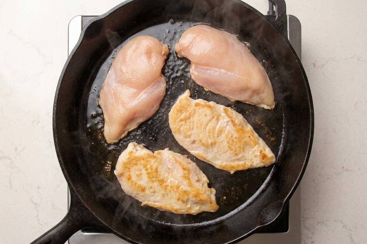 Chicken cutlets browning in a hot skillet with a light golden crust forming