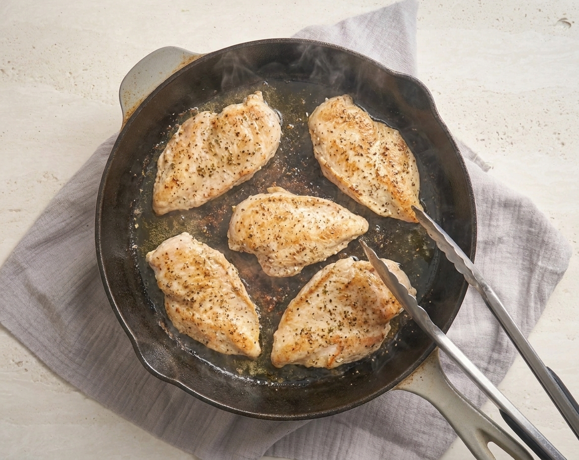 Chicken cutlets searing in a hot skillet with a light golden crust forming, with a pair of tongs resting on the pan edge