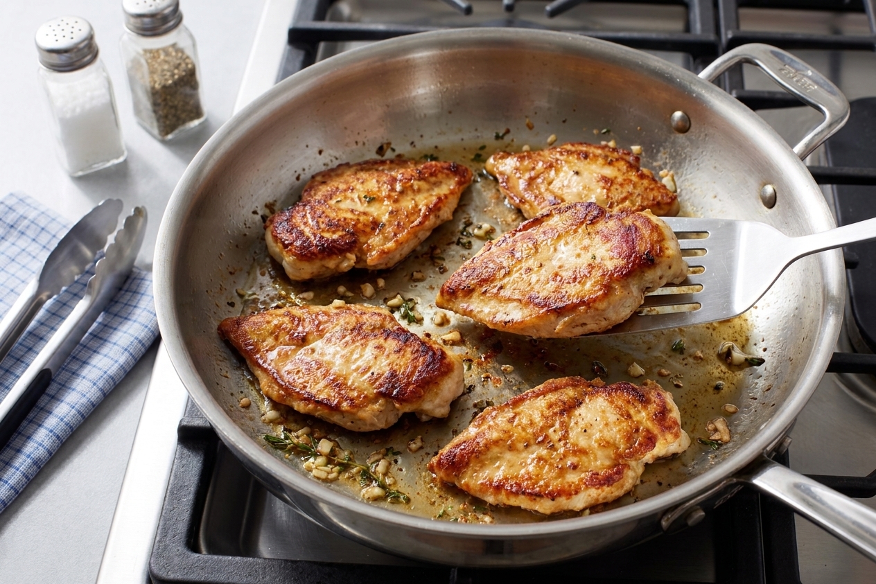 Chicken cutlets searing in a hot stainless steel skillet with browned edges and a thin sheen of oil