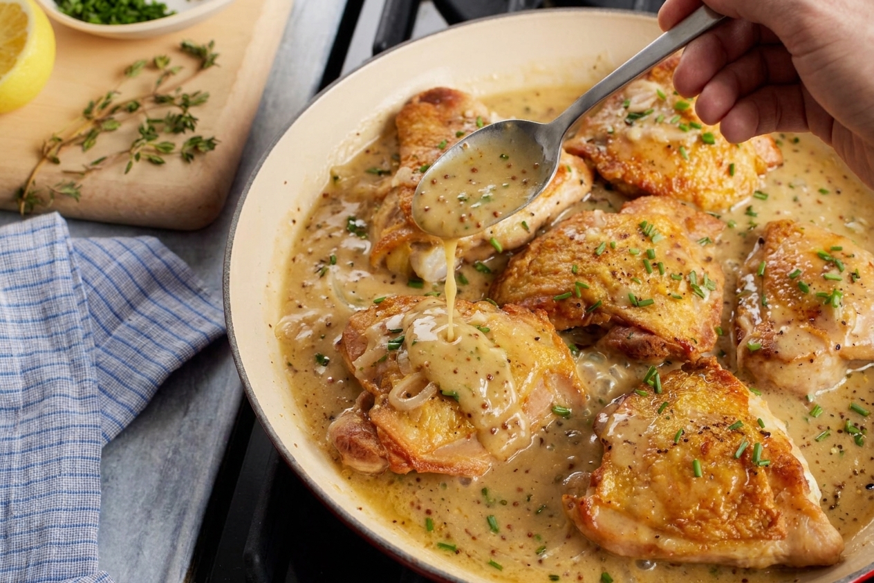 Chicken cutlets simmering in a bubbling honey mustard sauce while a spoon drizzles sauce over the top