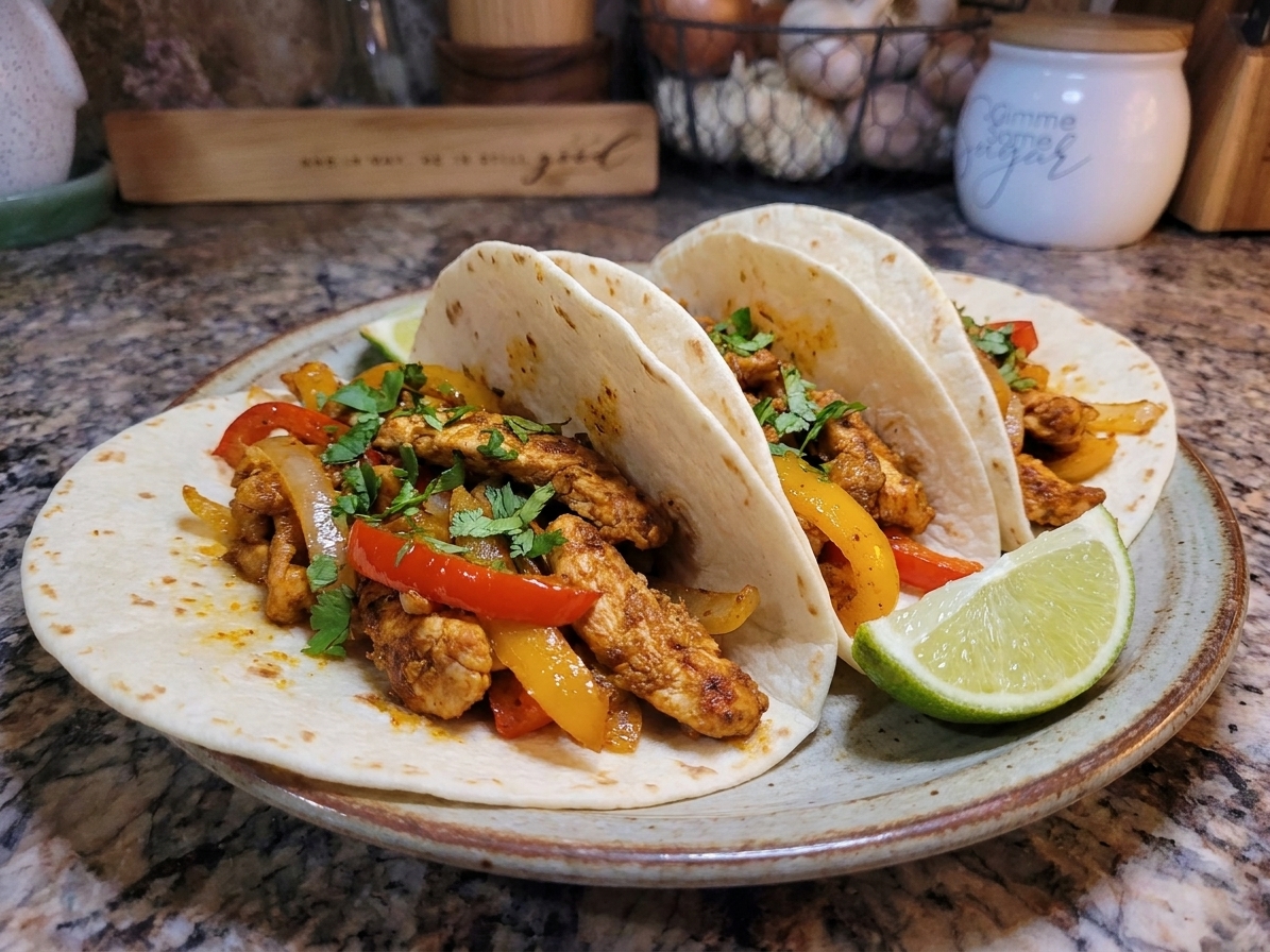 Chicken fajitas served in warm tortillas with roasted peppers and onions, topped with cilantro and a lime wedge on the side