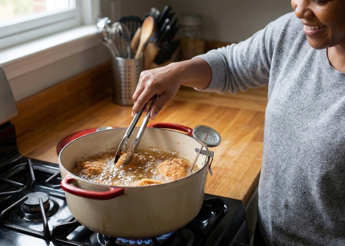 Chicken pieces frying in bubbling oil in a Dutch oven on a stovetop with a clip-on thermometer visible
