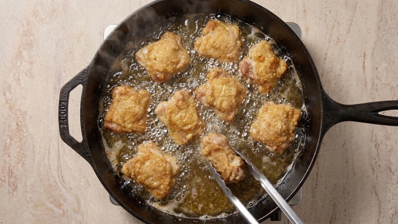 Chicken pieces frying in hot oil in a cast-iron skillet with bubbles rising around the golden coating
