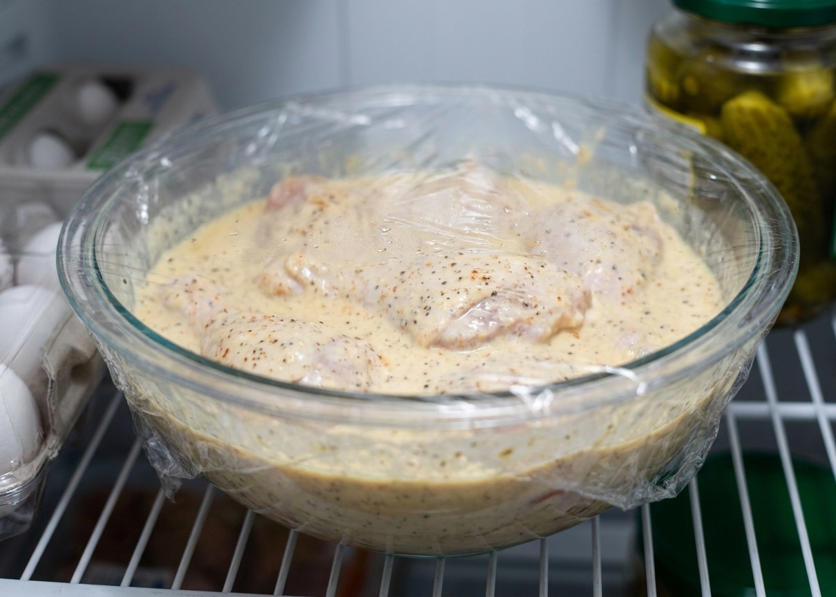 Chicken pieces submerged in seasoned buttermilk in a large glass bowl covered and resting in a refrigerator