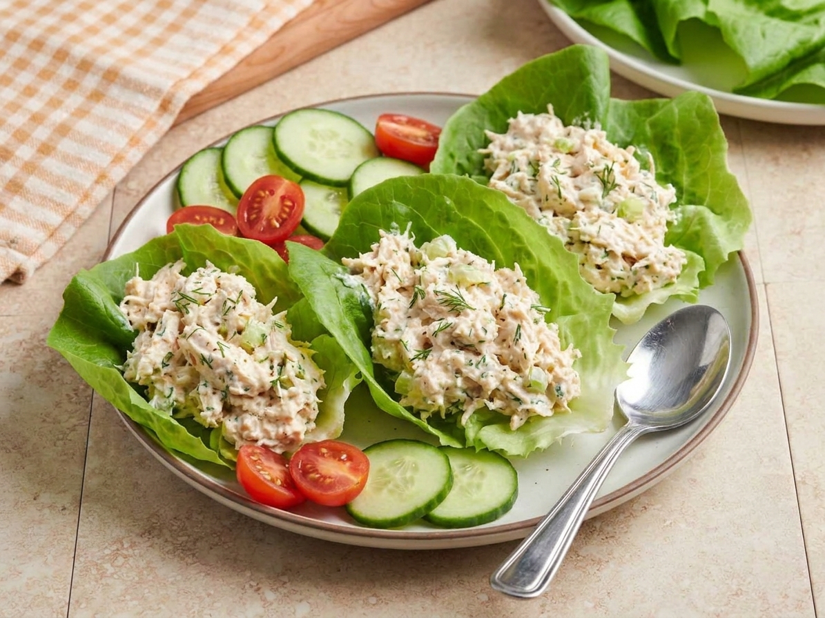 Chicken salad spooned into crisp lettuce cups on a plate with sliced cucumbers and cherry tomatoes