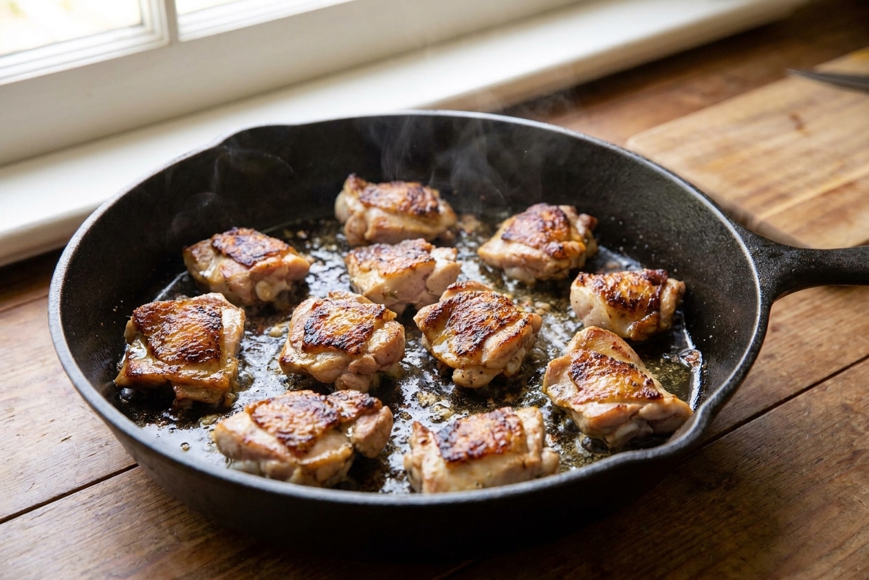 Chicken thigh pieces sizzling in a hot skillet, browned on the edges with a light sheen of olive oil