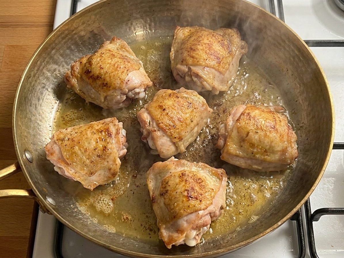 Chicken thighs being seared in a large skillet with a light golden crust forming, steam rising over the stovetop