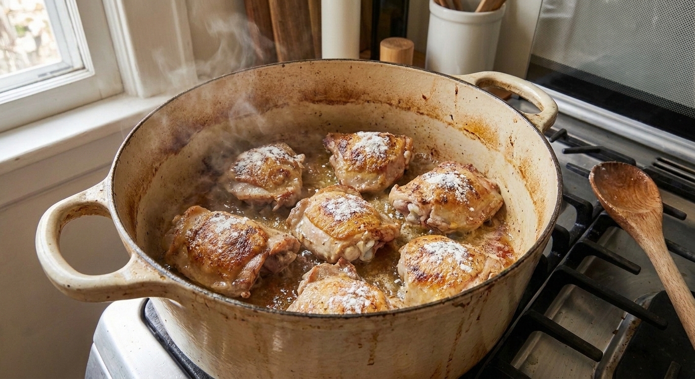 Chicken thighs browning skin-side down in a Dutch oven with a light dusting of flour visible on the surface